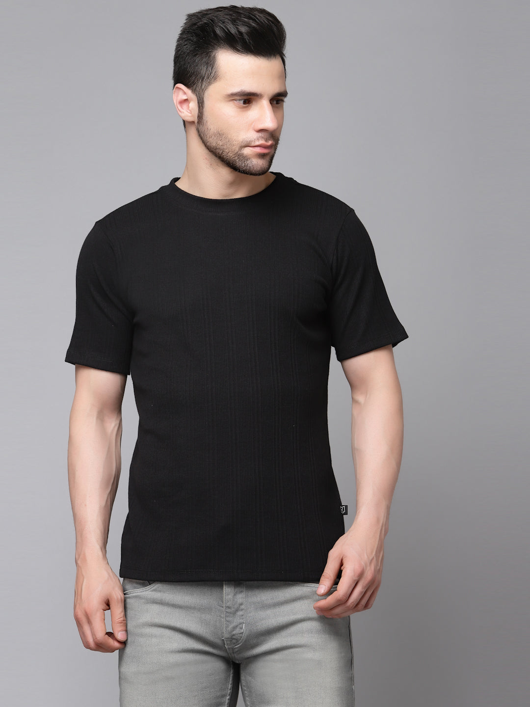 Men Drop Needle Self Textured Half Sleeves Tshirt