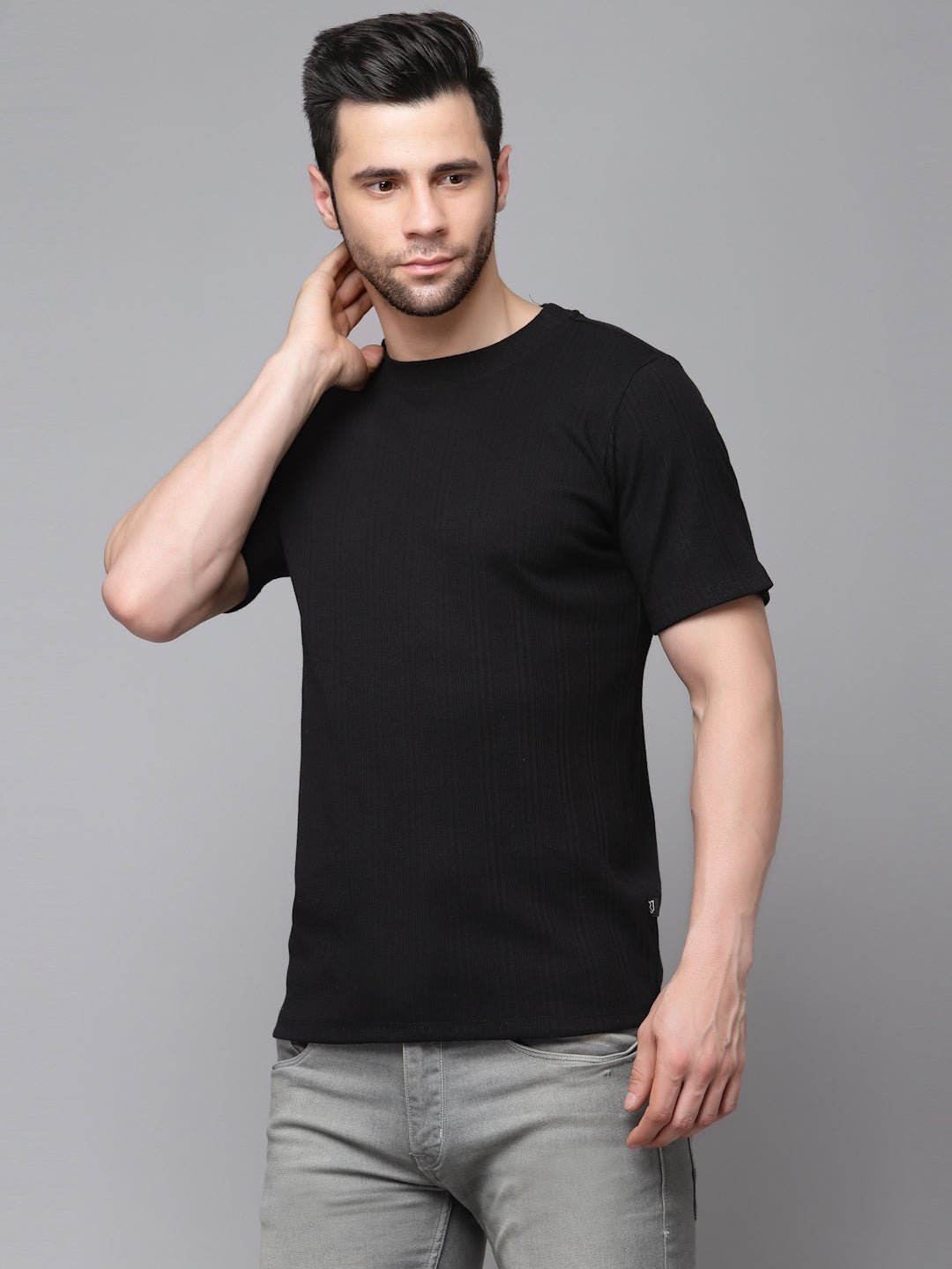 Men Drop Needle Self Textured Half Sleeves Tshirt