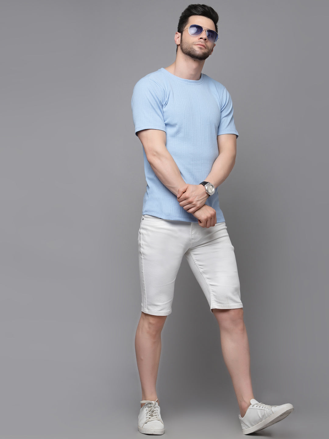Men Drop Needle Self Textured Half Sleeves Tshirt