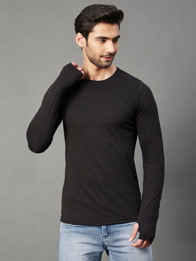 Men Black Thumbhole Round Neck Full Sleeve T-Shirt