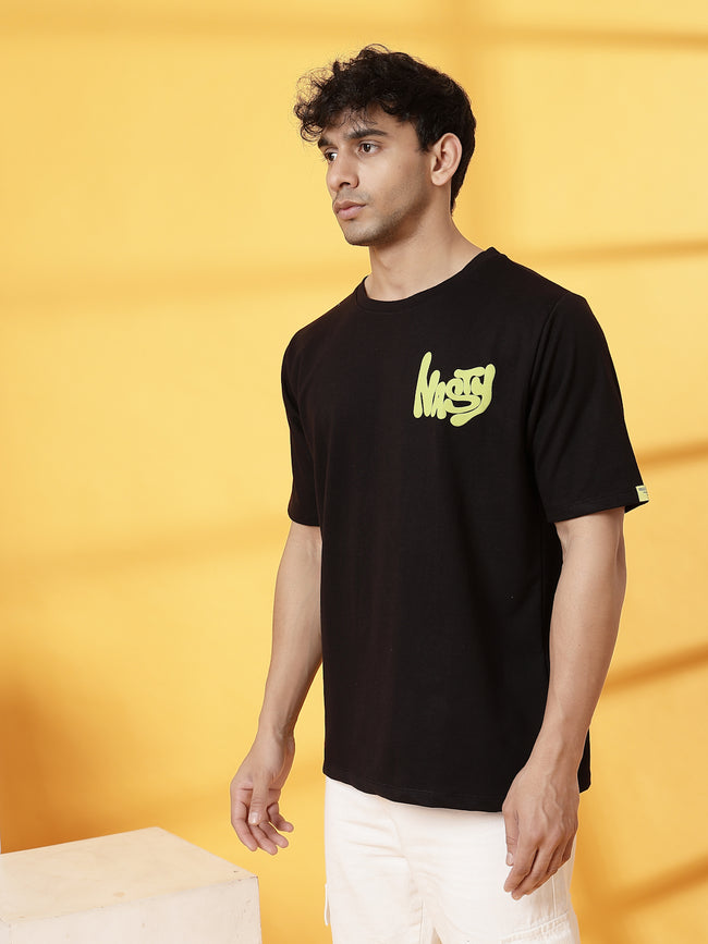 Men Black Terry Oversized Printed T-shirt