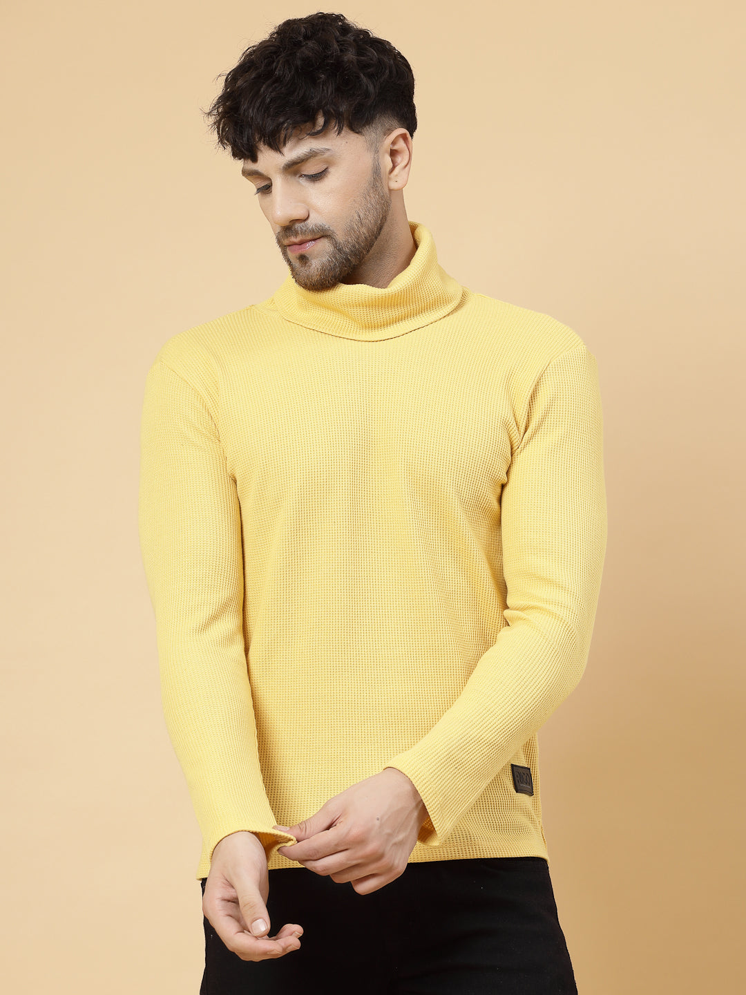 Men Yellow Waffle Knit T-shirt