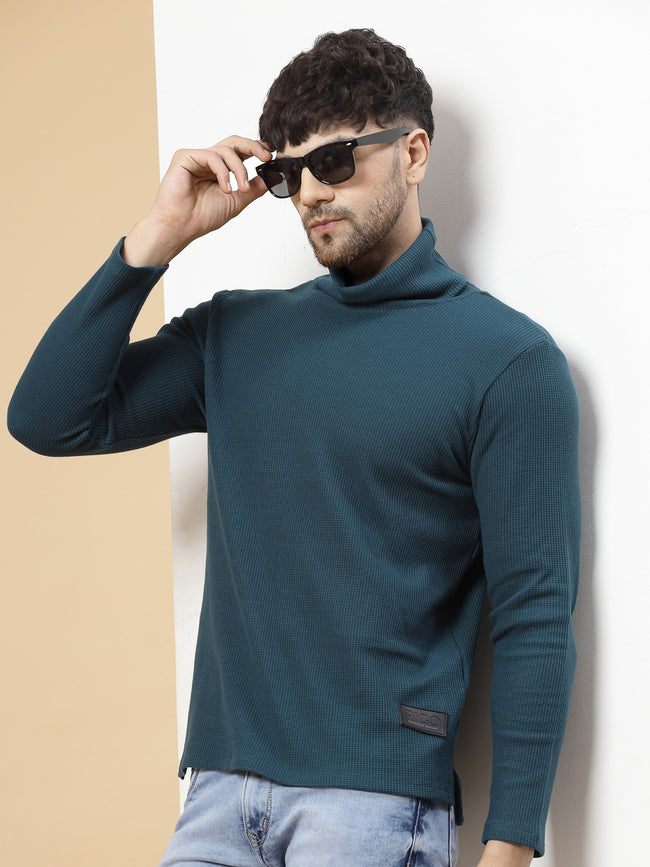Men Teal Waffle Knit T-shirt