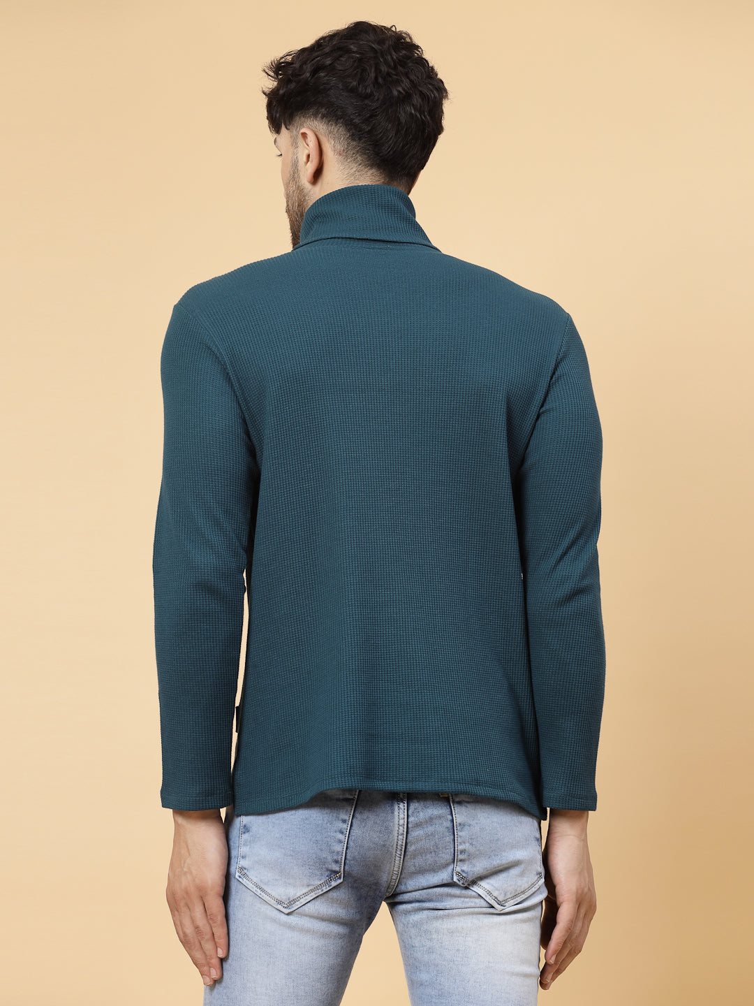 Men Teal Waffle Knit T-shirt