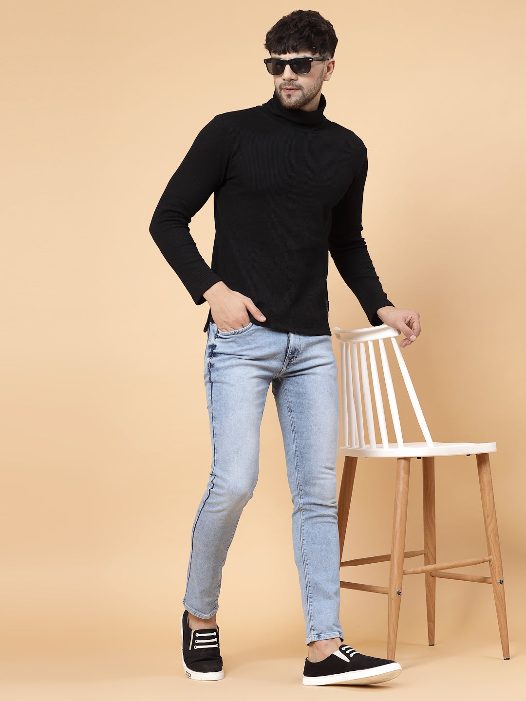 Men Black Waffle Knit T-shirt