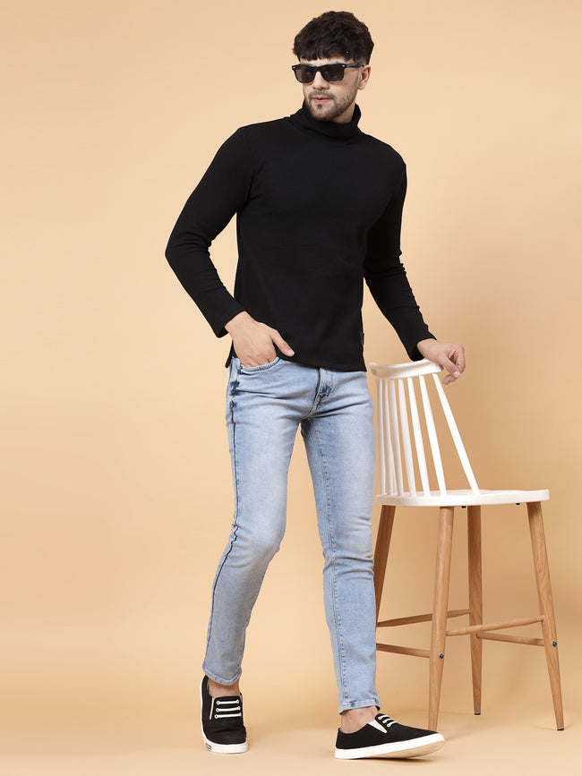 Men Black Waffle Knit T-shirt