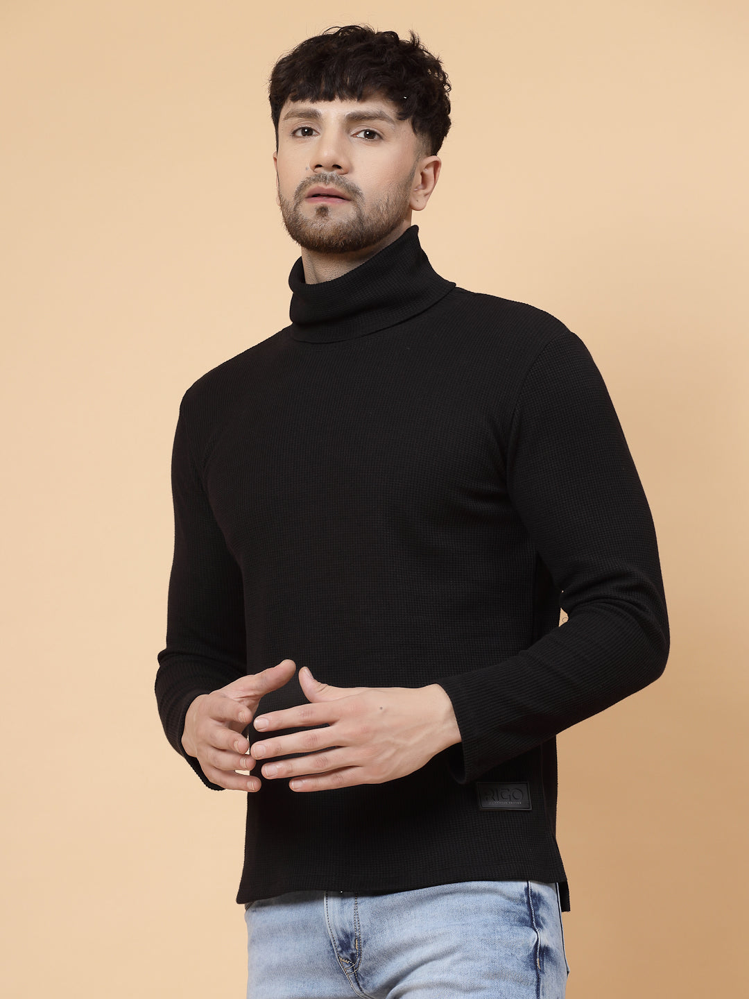 Men Black Waffle Knit T-shirt