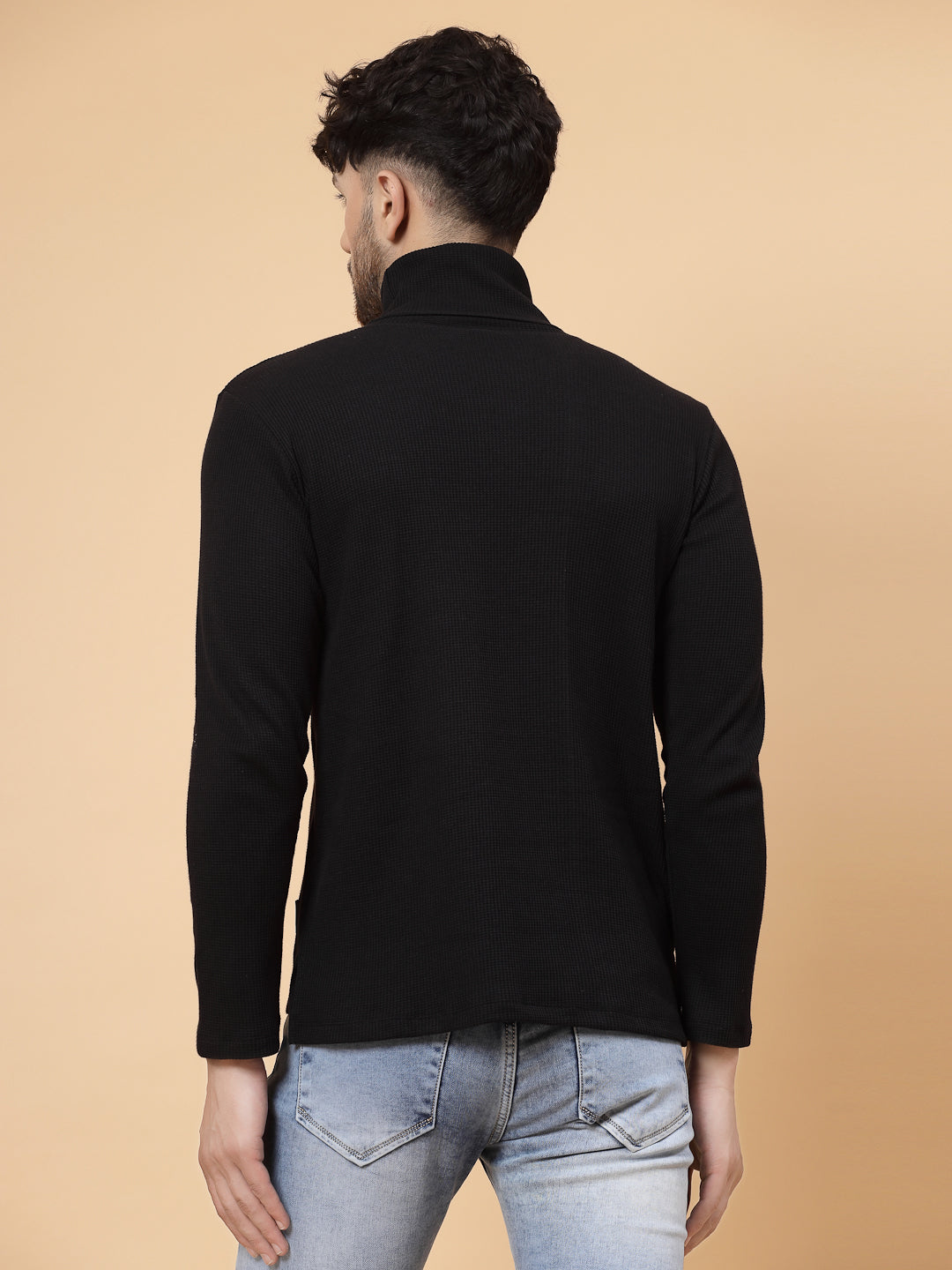 Men Black Waffle Knit T-shirt