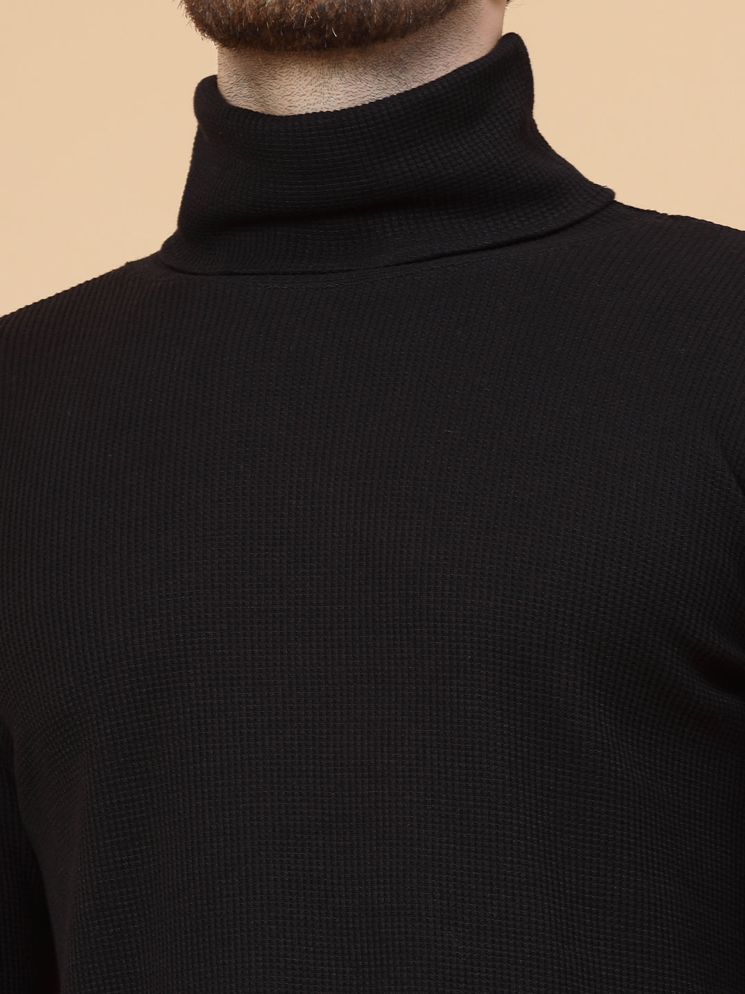 Men Black Waffle Knit T-shirt