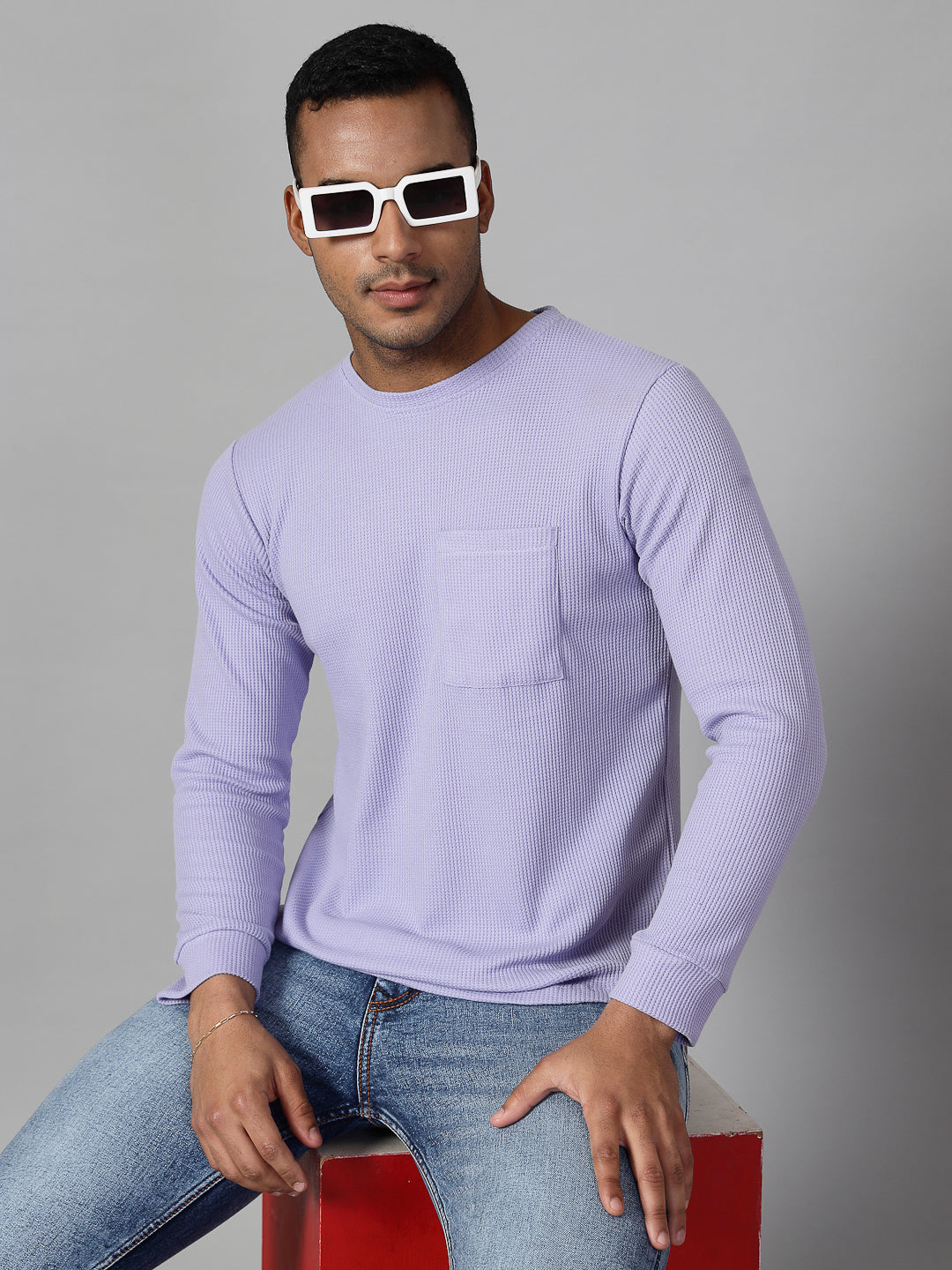 Men Classic Waffle Knit Round Neck Tshirt
