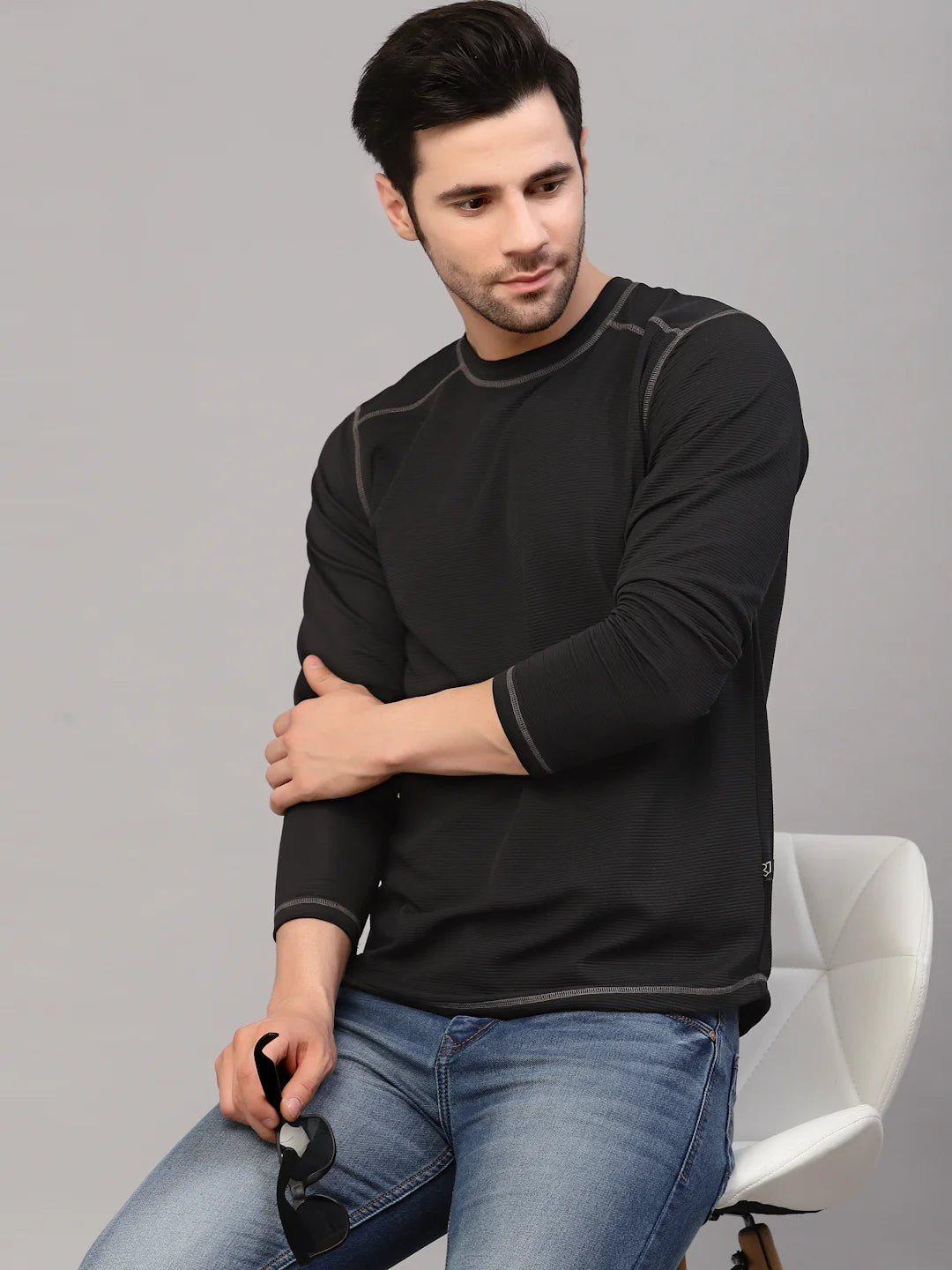 Men Black Poly Corduroy Round Neck TShirt