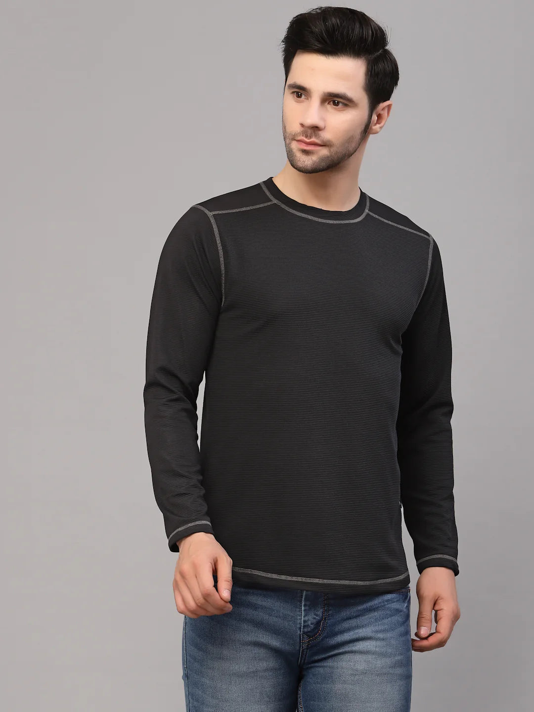 Men Black Poly Corduroy Round Neck TShirt
