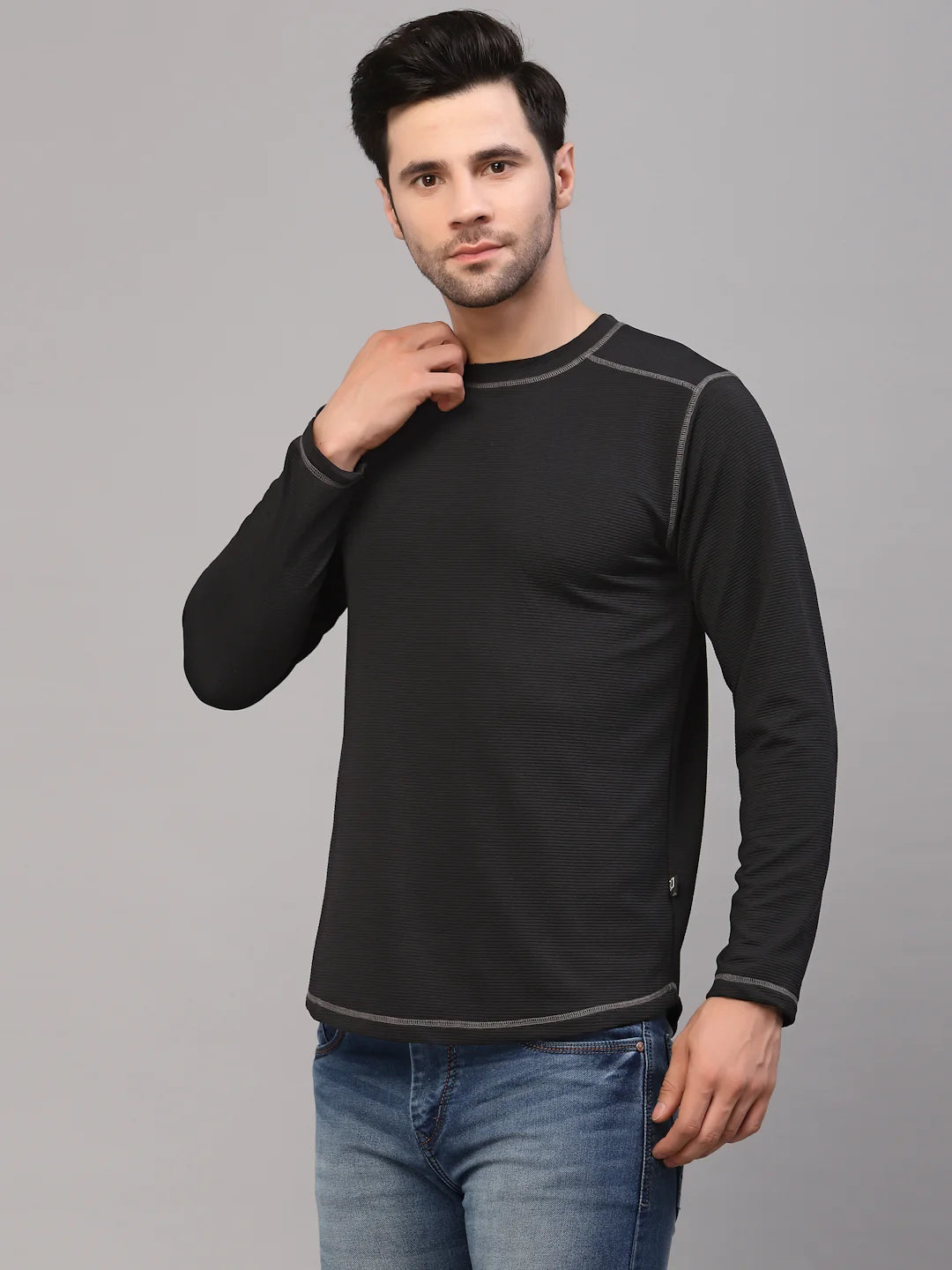 Men Black Poly Corduroy Round Neck TShirt