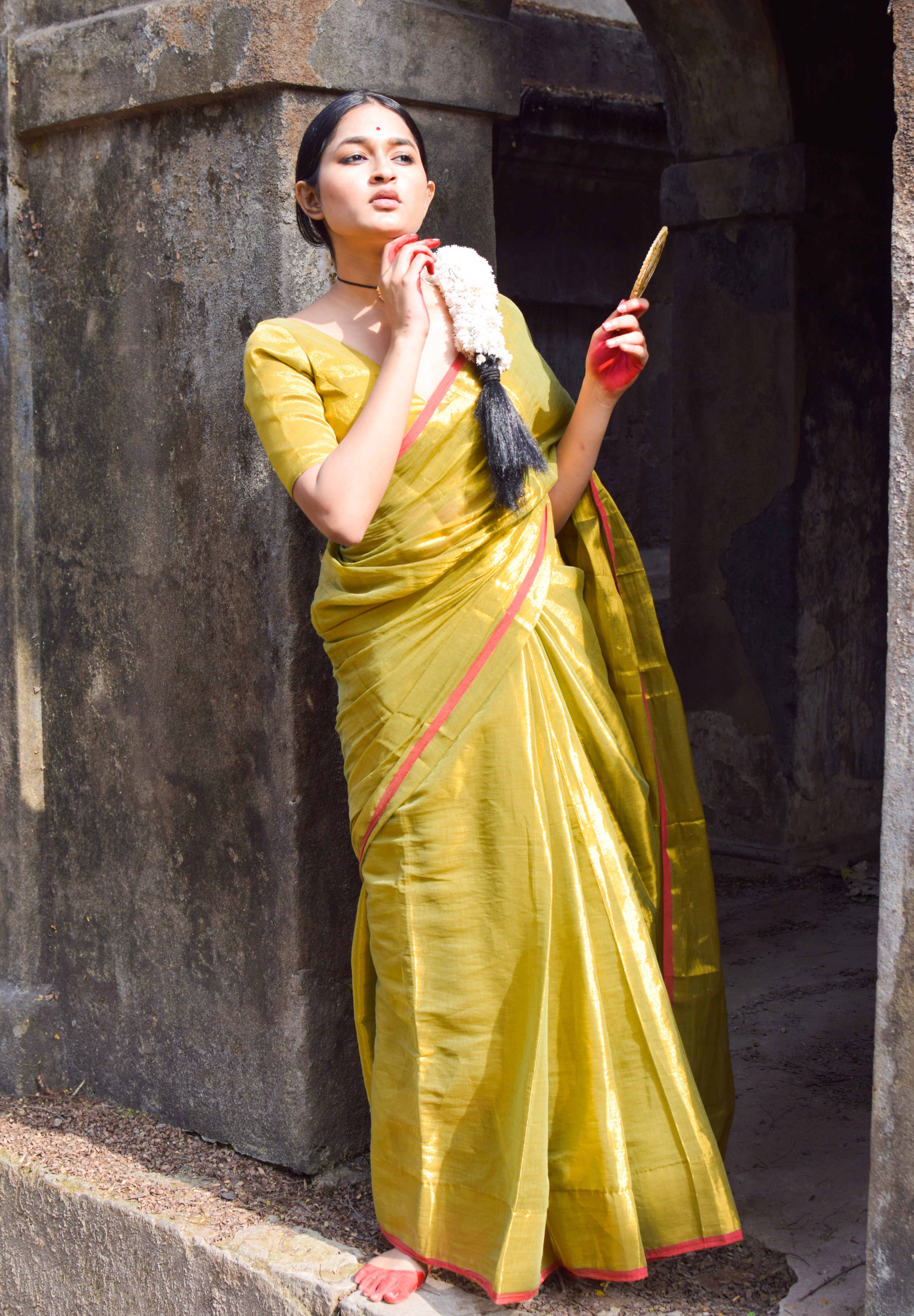 Chandrakala Olive Green Dual Tone Tissue Saree