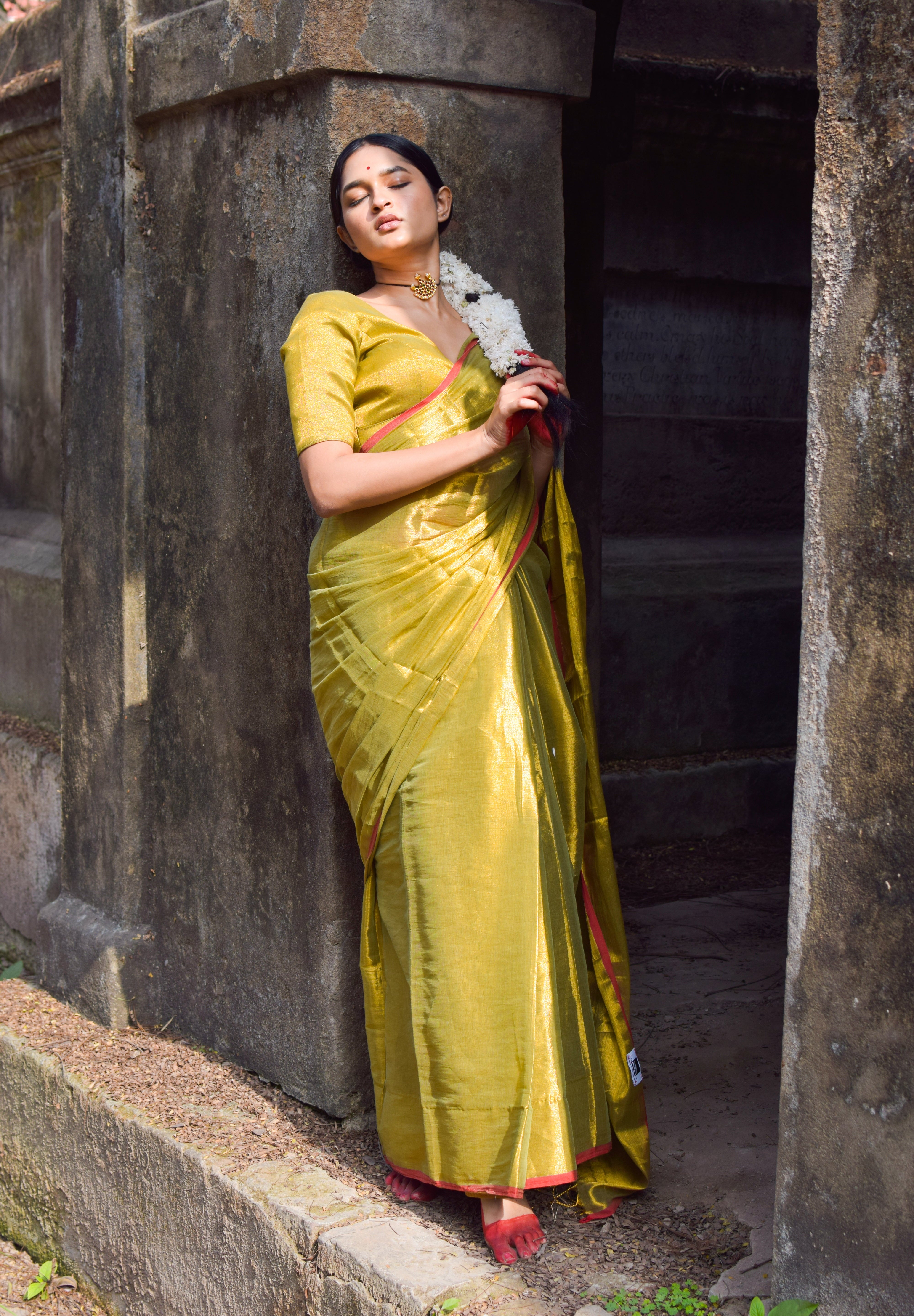 Chandrakala Olive Green Dual Tone Tissue Saree