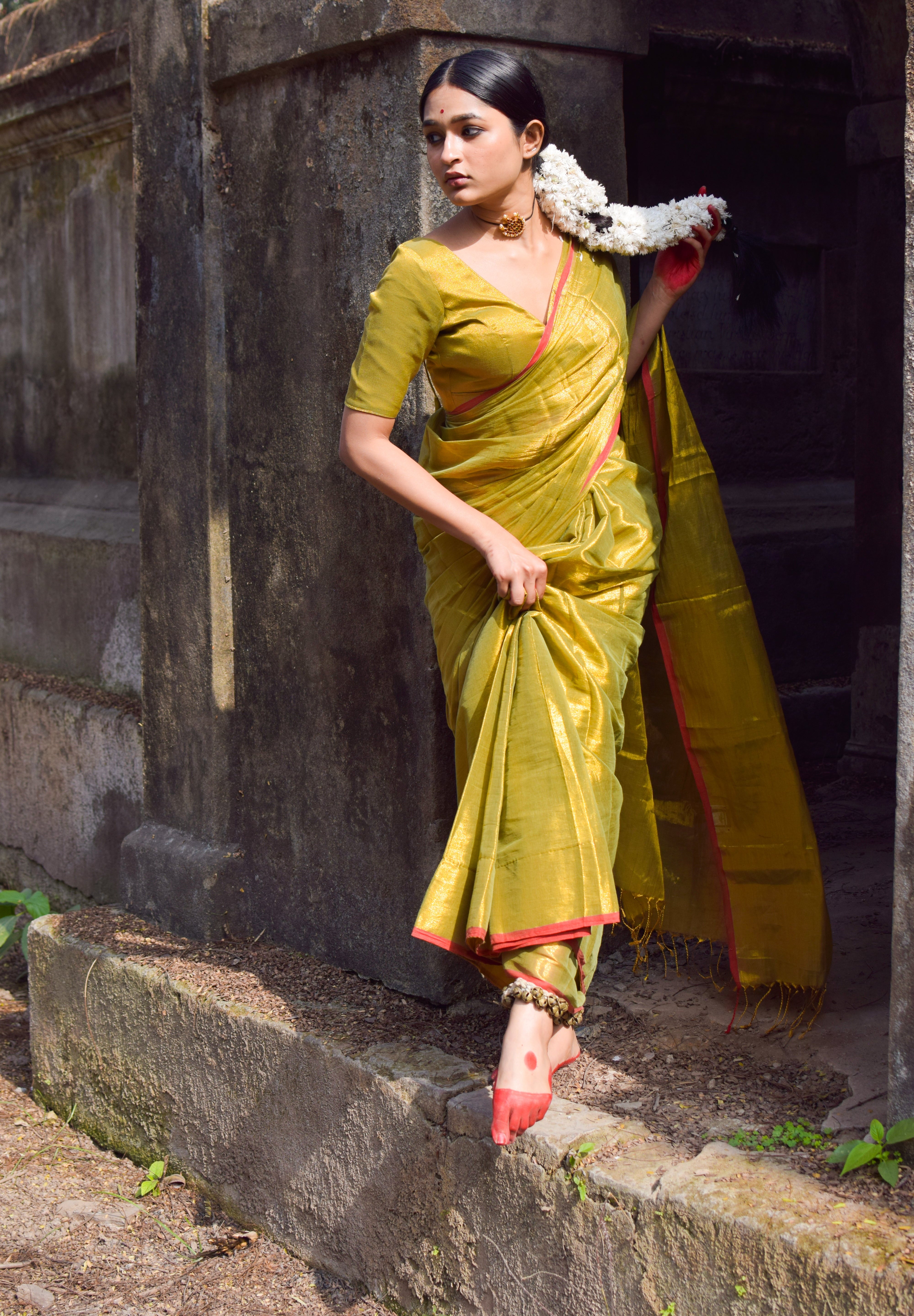 Chandrakala Olive Green Dual Tone Tissue Saree