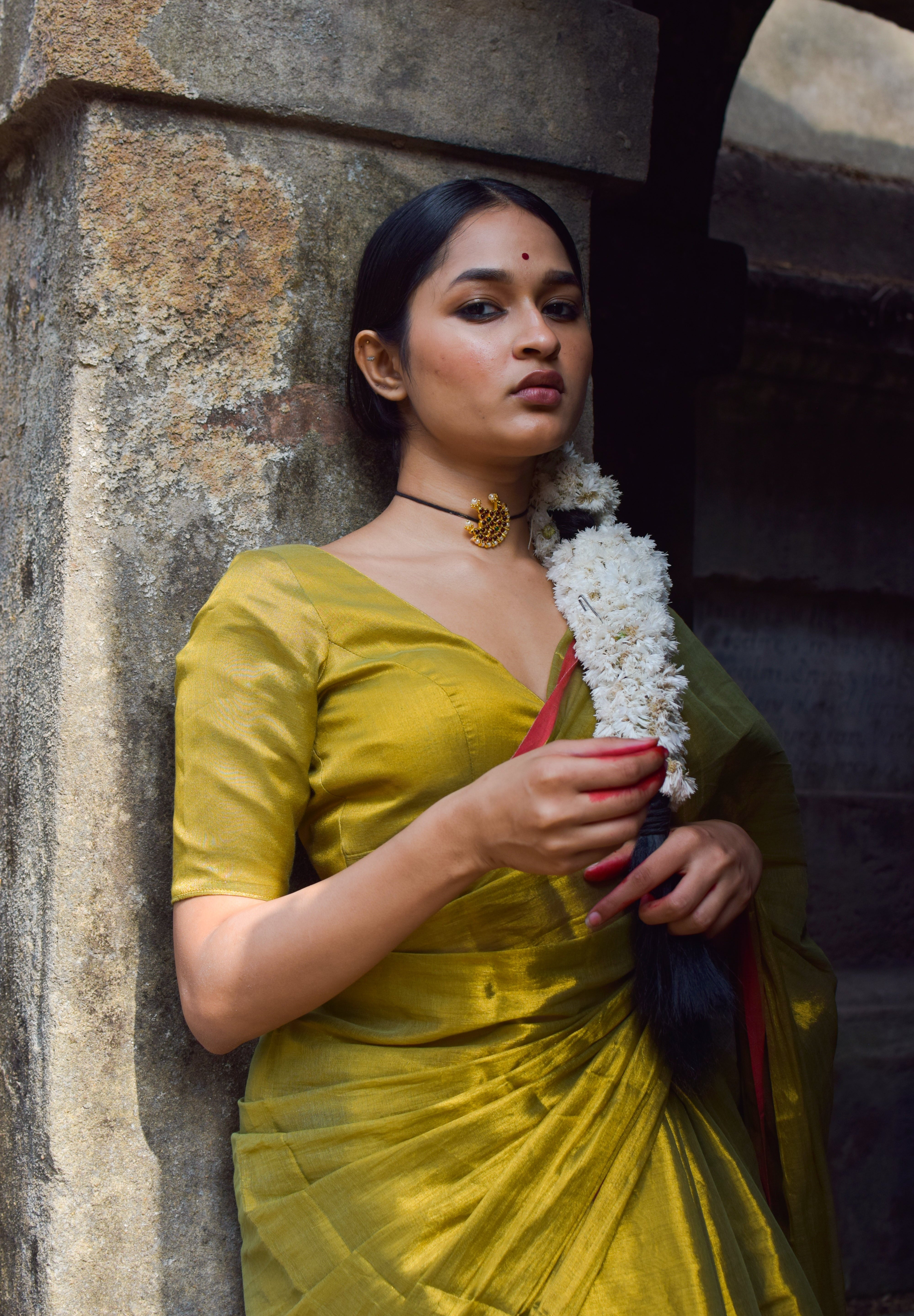 Chandrakala Olive Green Dual Tone Tissue Saree