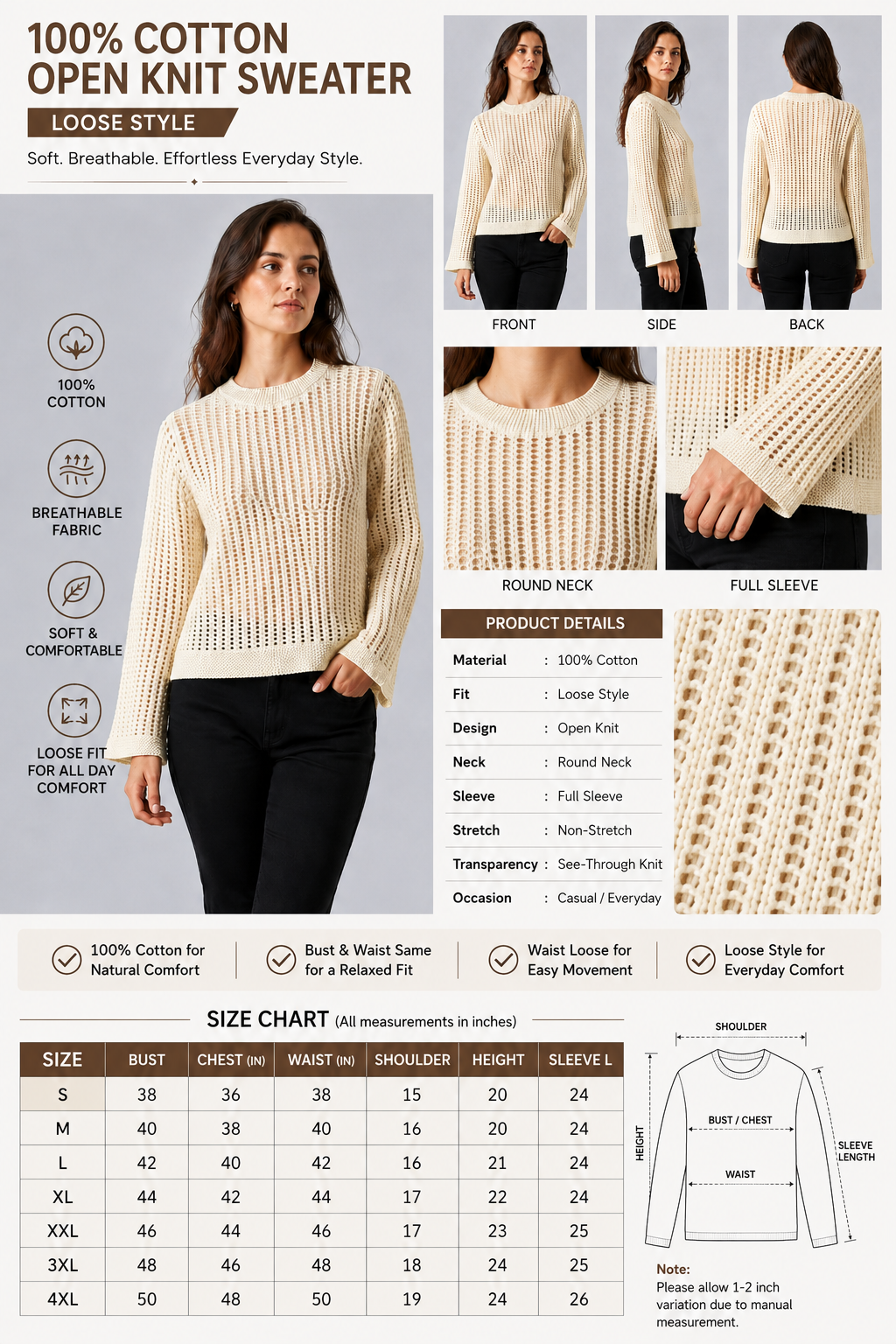 Women Off White Open Knit Sweater