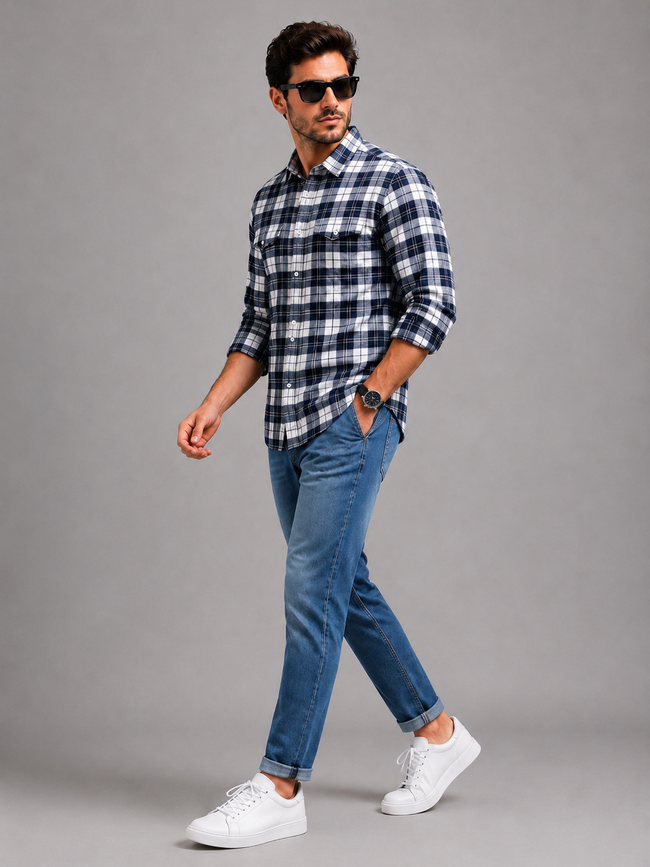 Men Navy Sharp Check Shirt