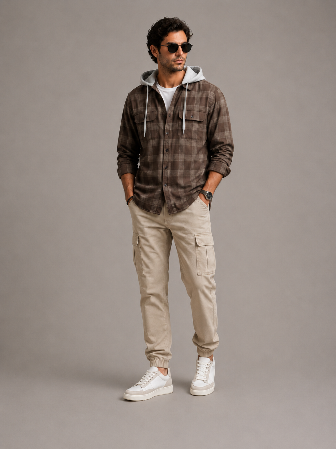 Men Brown Vintage Check Hooded Shirt