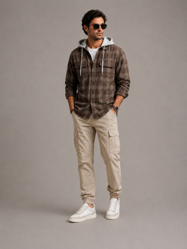 Men Brown Vintage Check Hooded Shirt