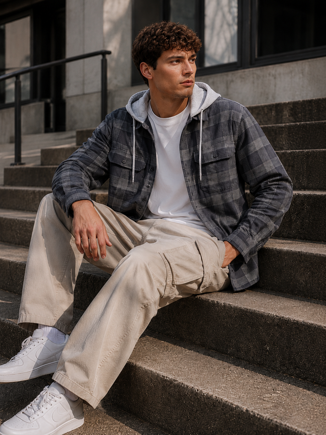 Men Grey Street Check Hooded Shirt
