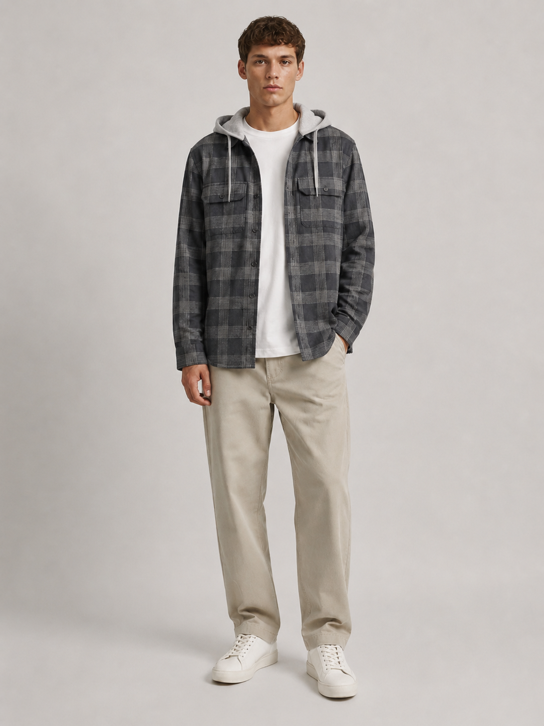 Men Grey Street Check Hooded Shirt
