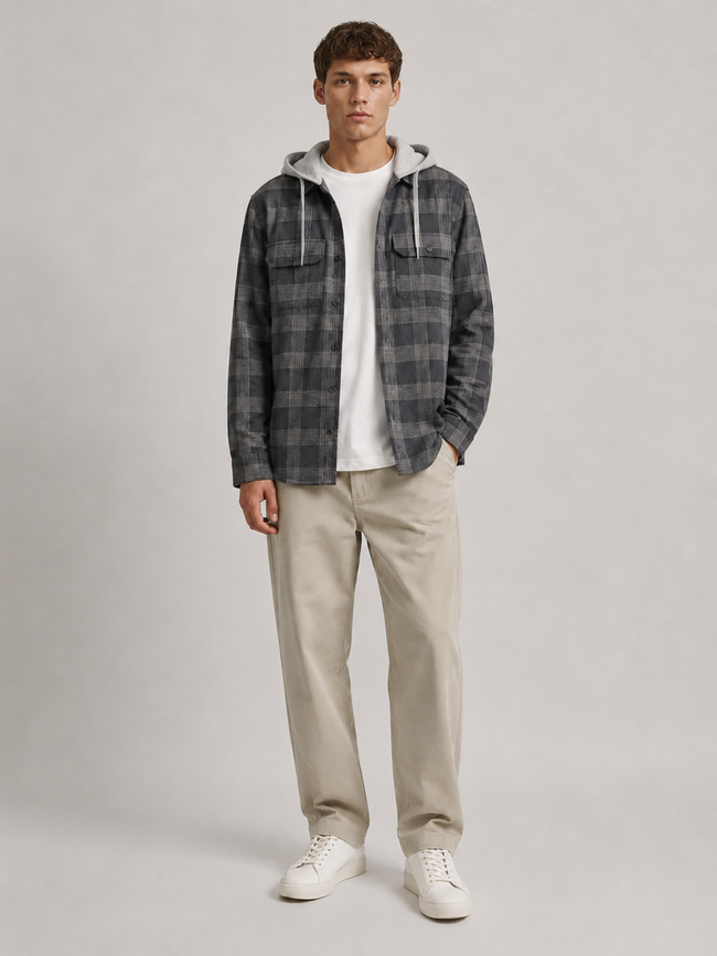 Men Grey Street Check Hooded Shirt