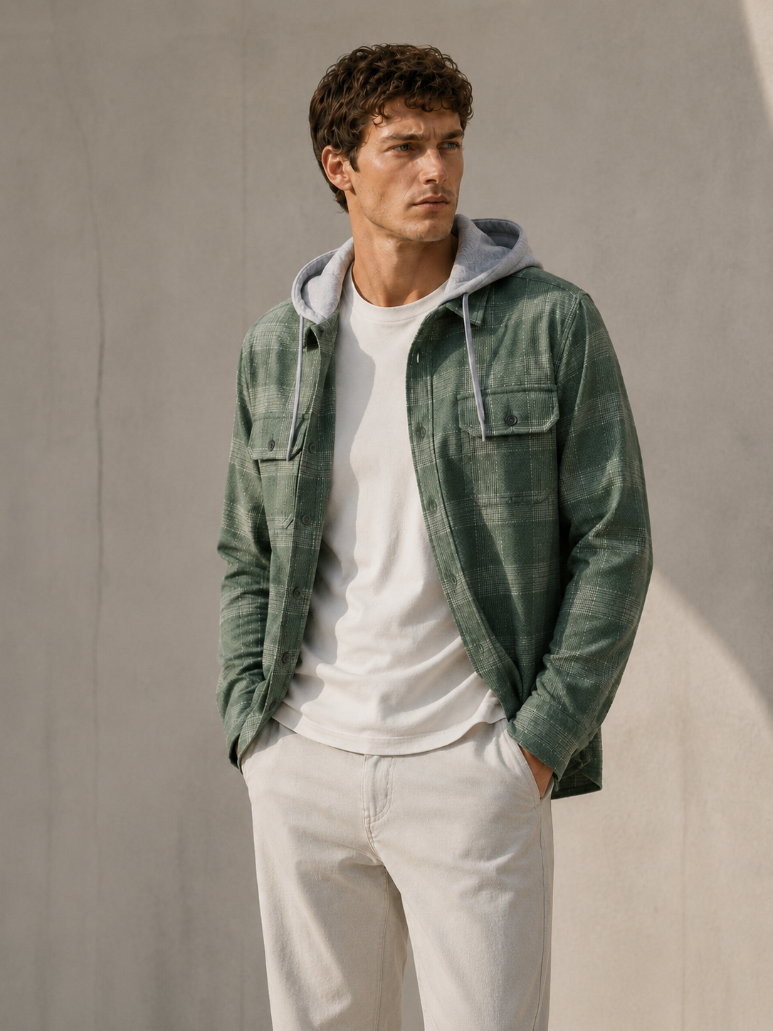 Men Olive Utility Check Hooded Shirt