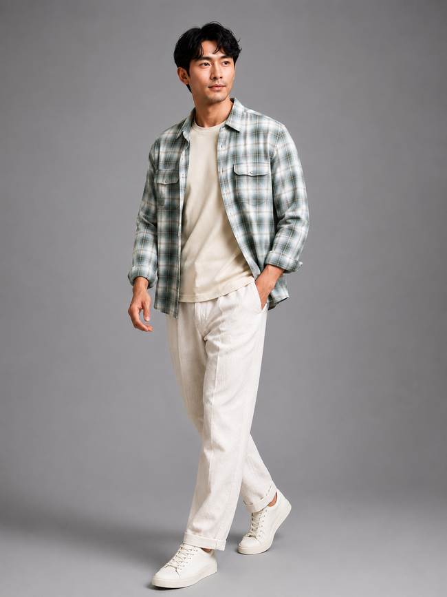 Men Green Utility Plaid Shirt