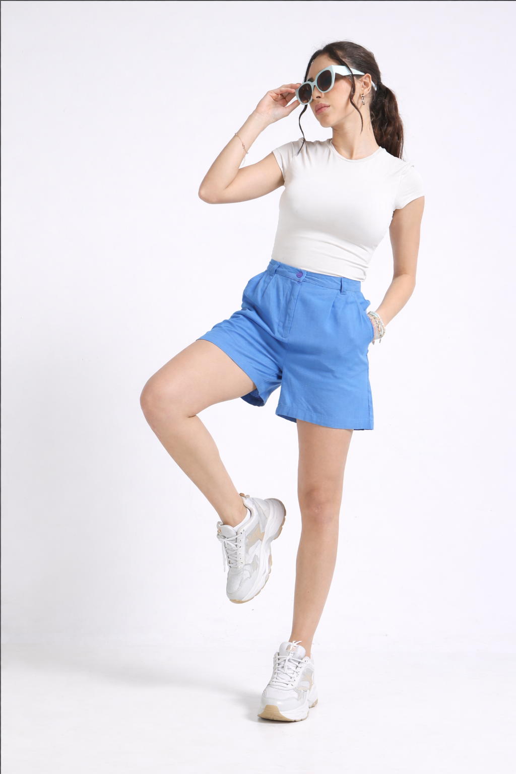 Women Blue Cotton Blend Shorts