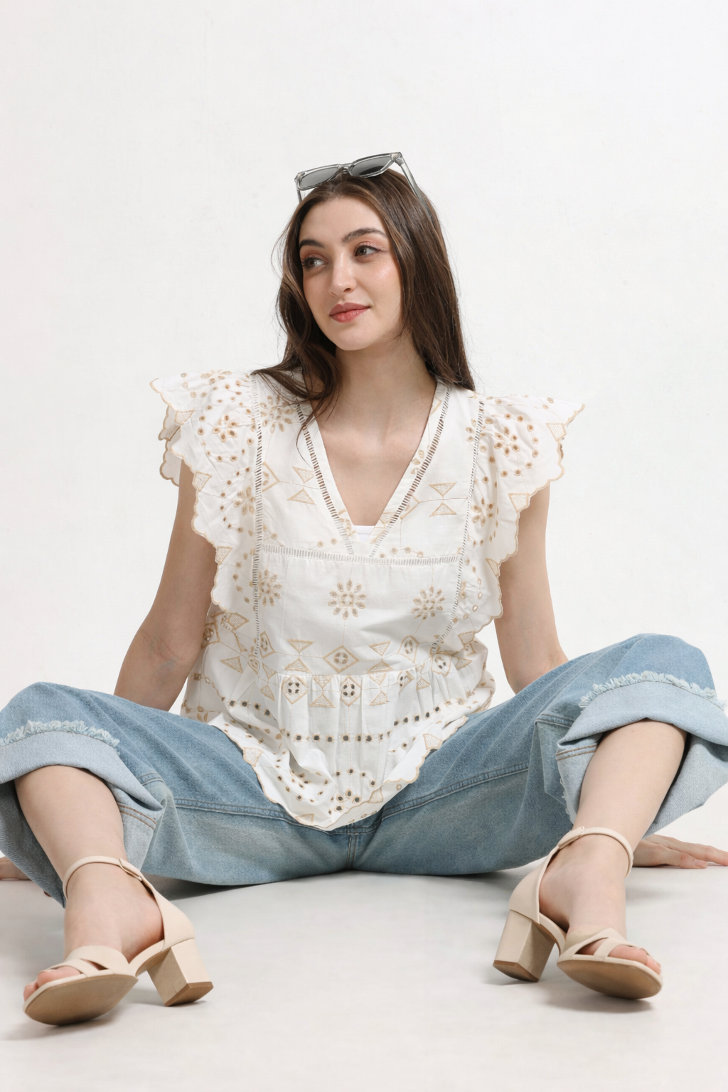 Women White Schiffli Scalloped Top