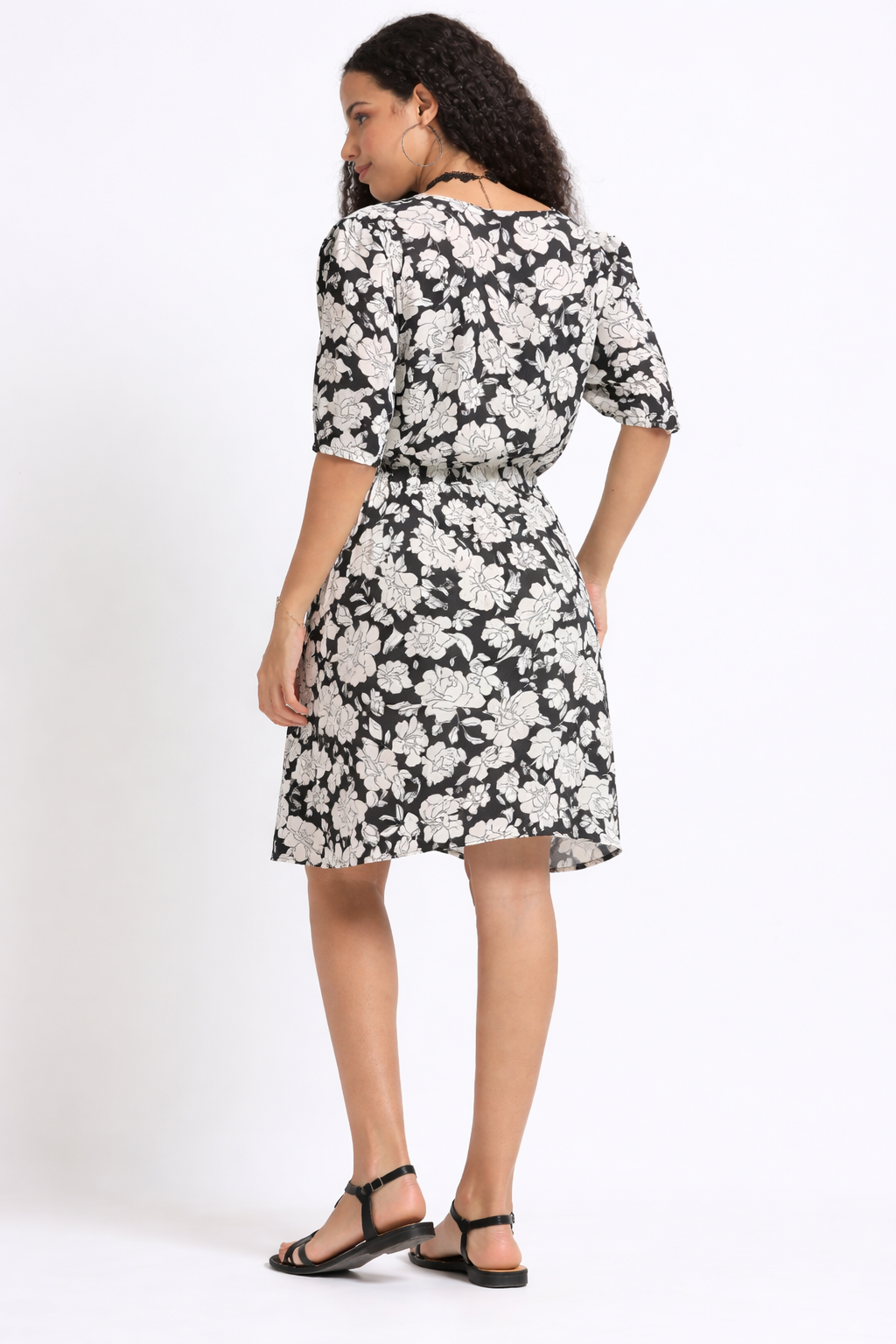 Women Retro Black White Floral Dress
