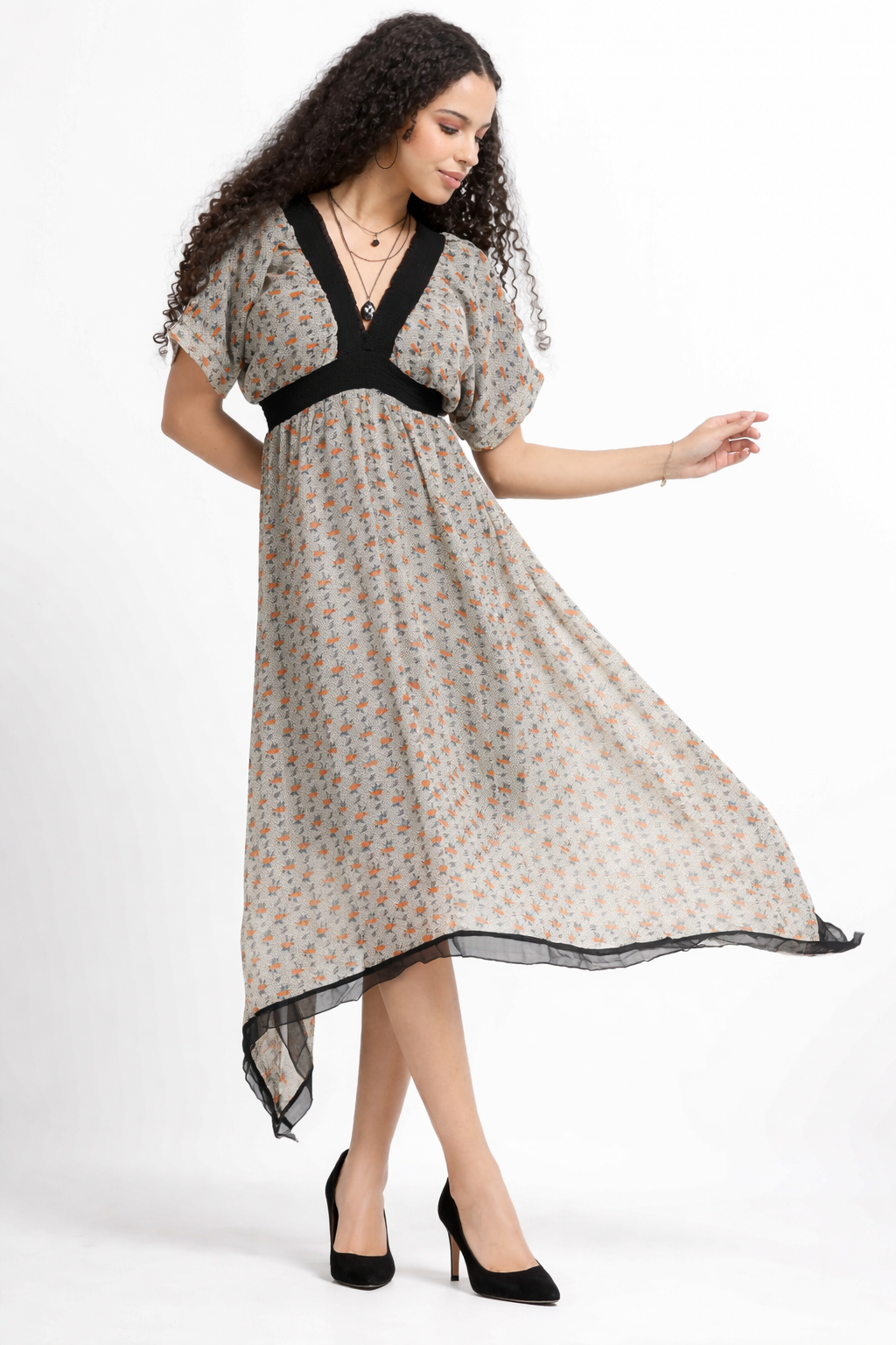 Women Printed Flared High Low Dress