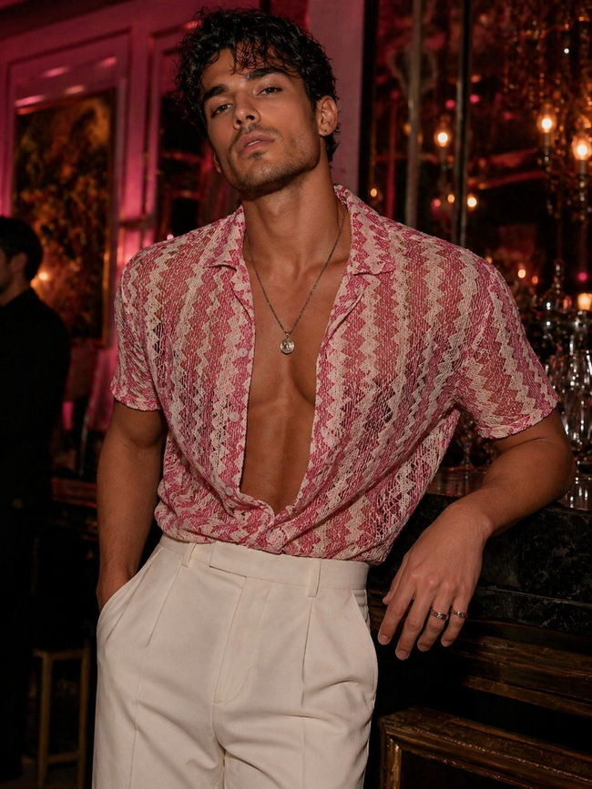 Men Lace See through Pink Casual Shirt