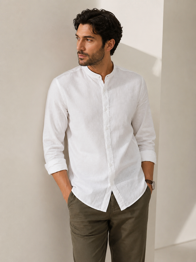 Men White Linen Band Collar Shirt