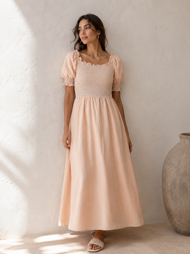 Women Solid Peach Baloon Sleeve Maxi Dress