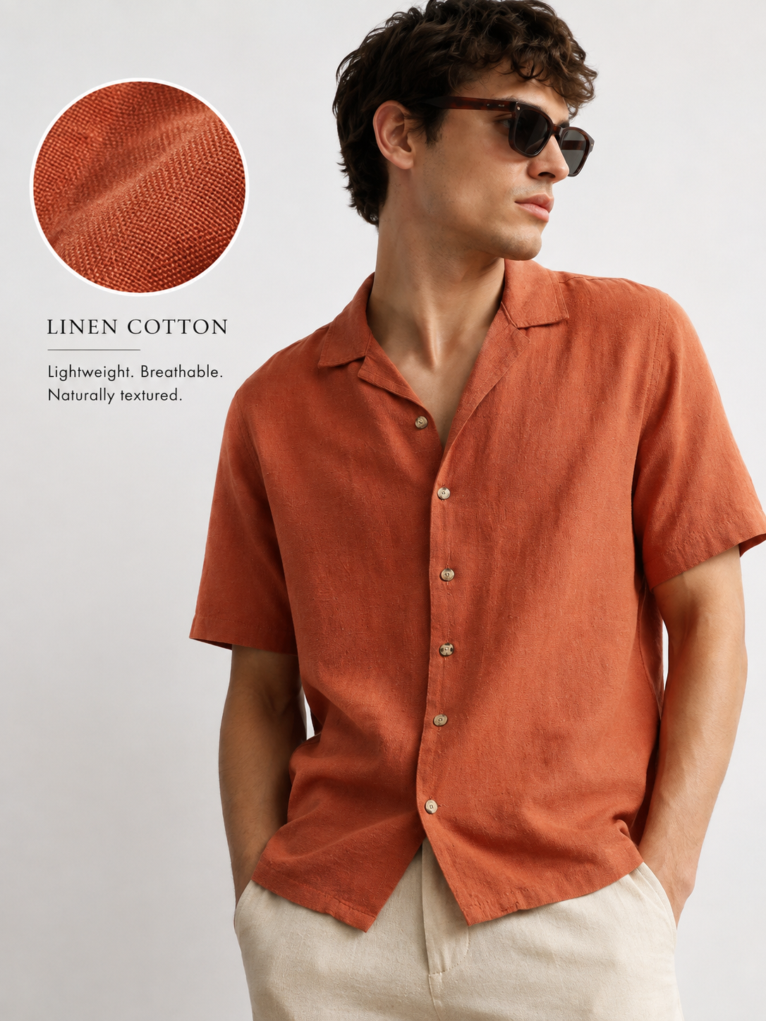 Men Orange Spread Collar Cotton Blend Shirt