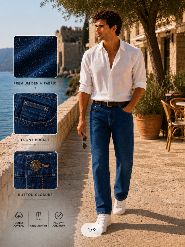Men Dark Blue Mid Rise Straight Fit Jeans