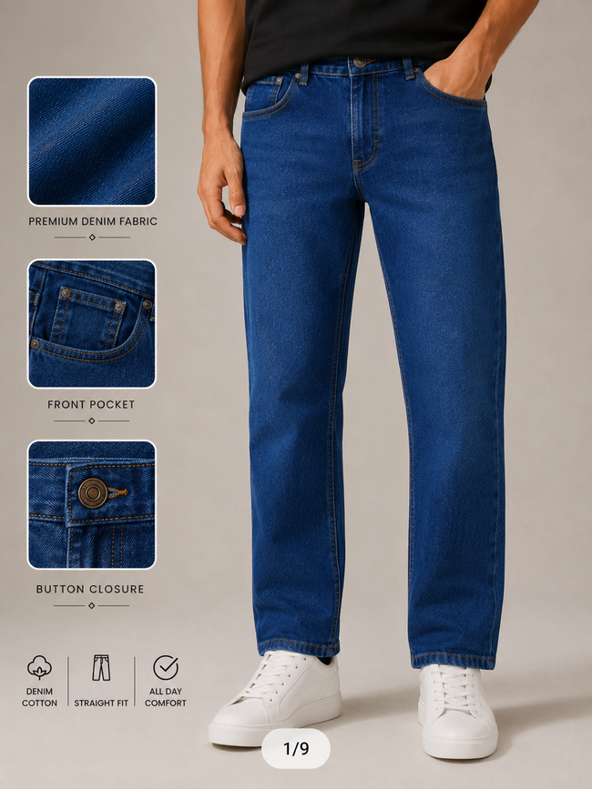 Men Dark Blue Mid Rise Straight Fit Jeans