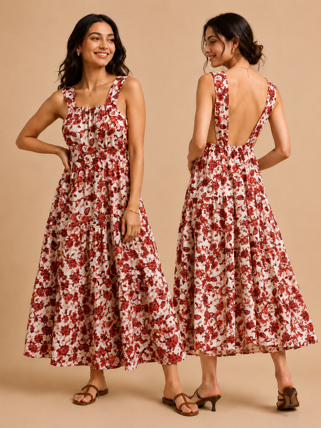 Women Floral Open-Back Cotton Maxi Dress