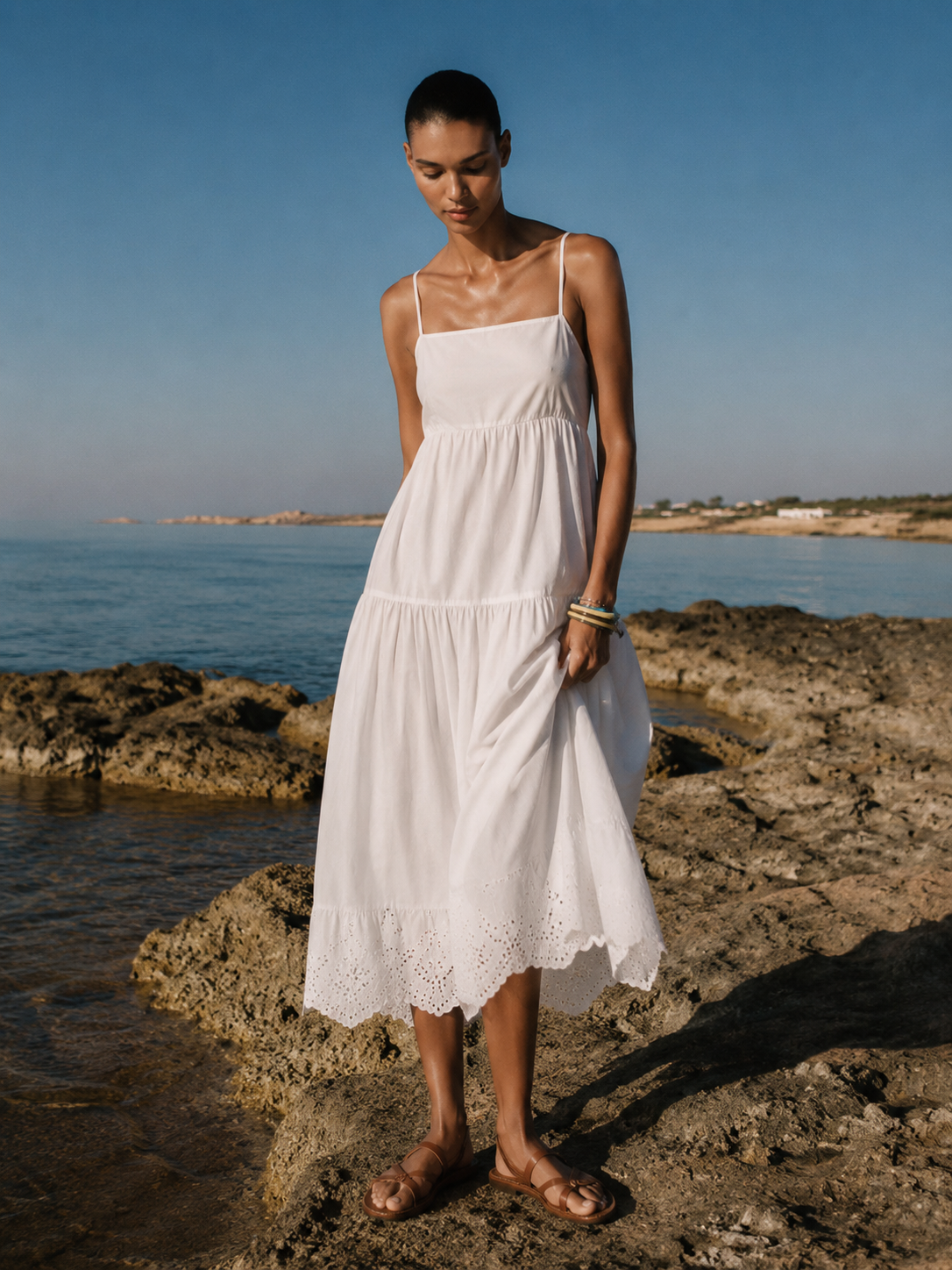 Women White Schiffli Hem flared Dress