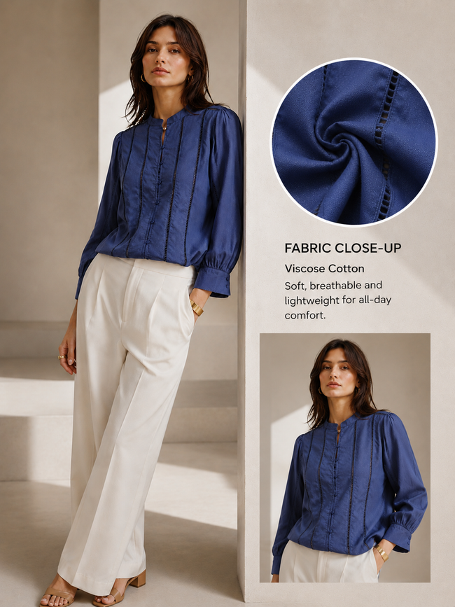 Women Blue Textured Lace Insert Top
