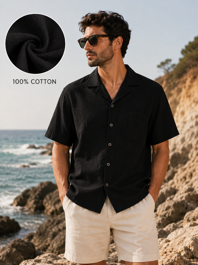Men Black Resort-Fit Camp Collar Shirt