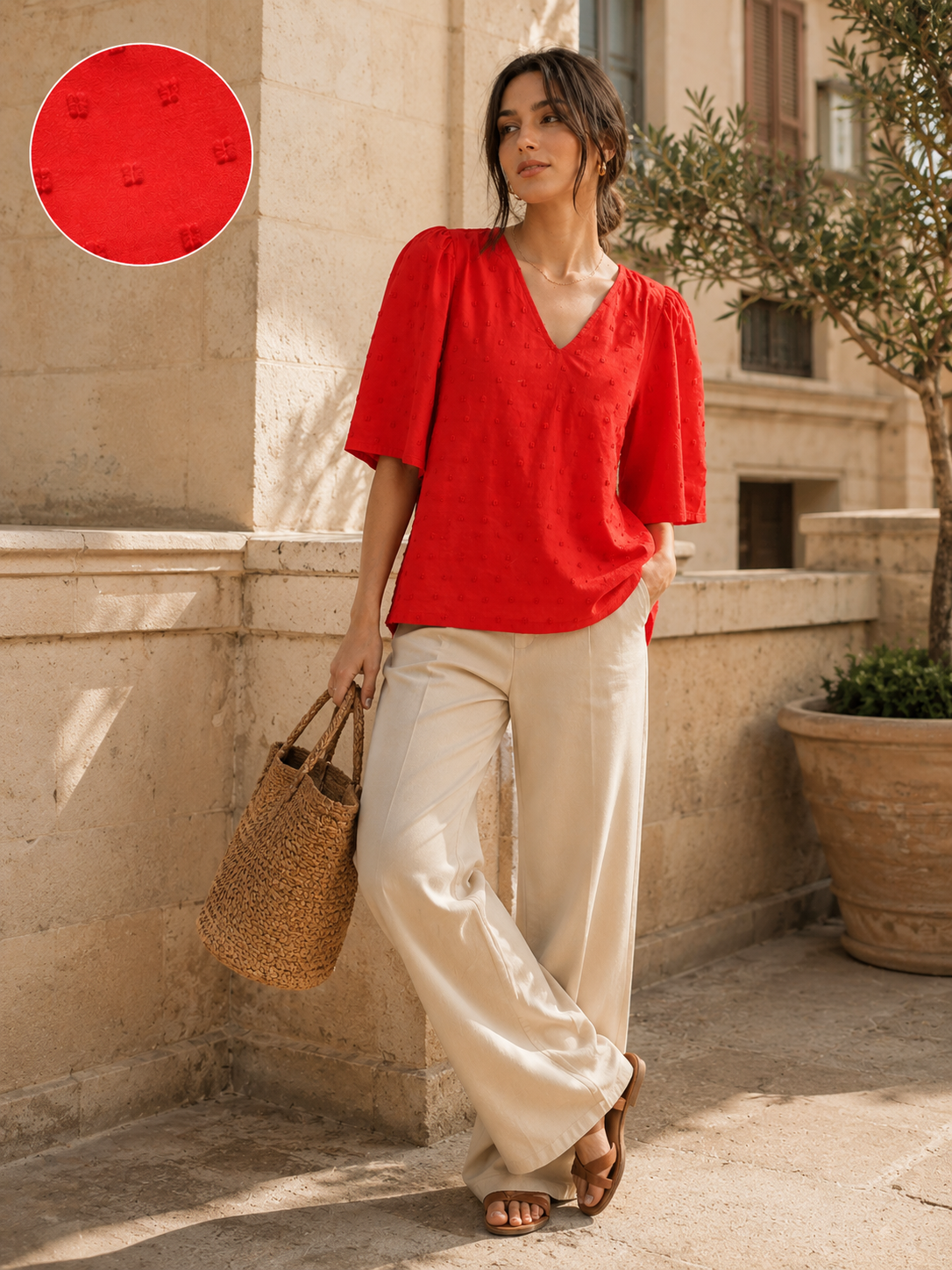 Women Red Bell Sleeve Top