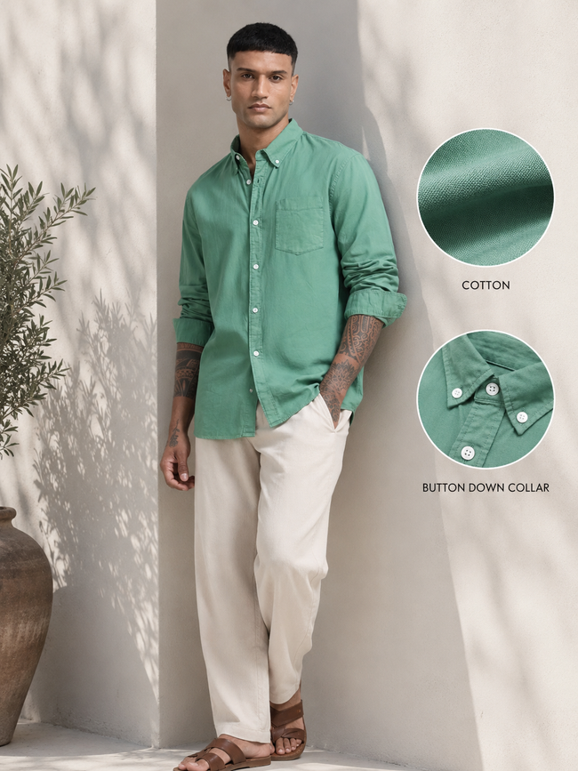 Men Green Button Down Collar Shirt