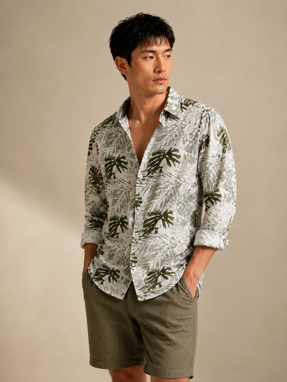 Men Grey Tropical Print Shirt
