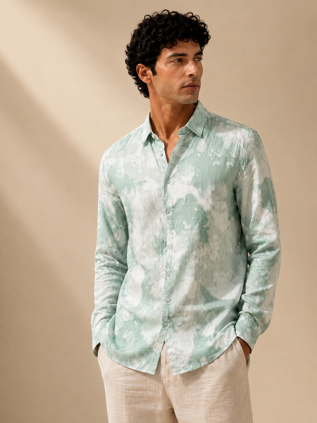 Men Green Watercolor Print Shirt
