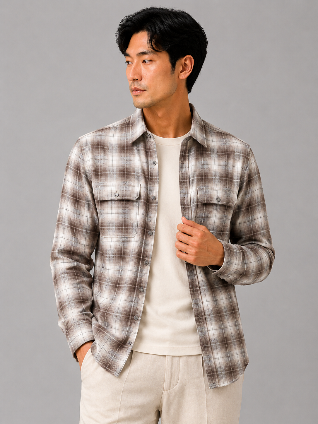 Men Brown Utility Plaid Shirt