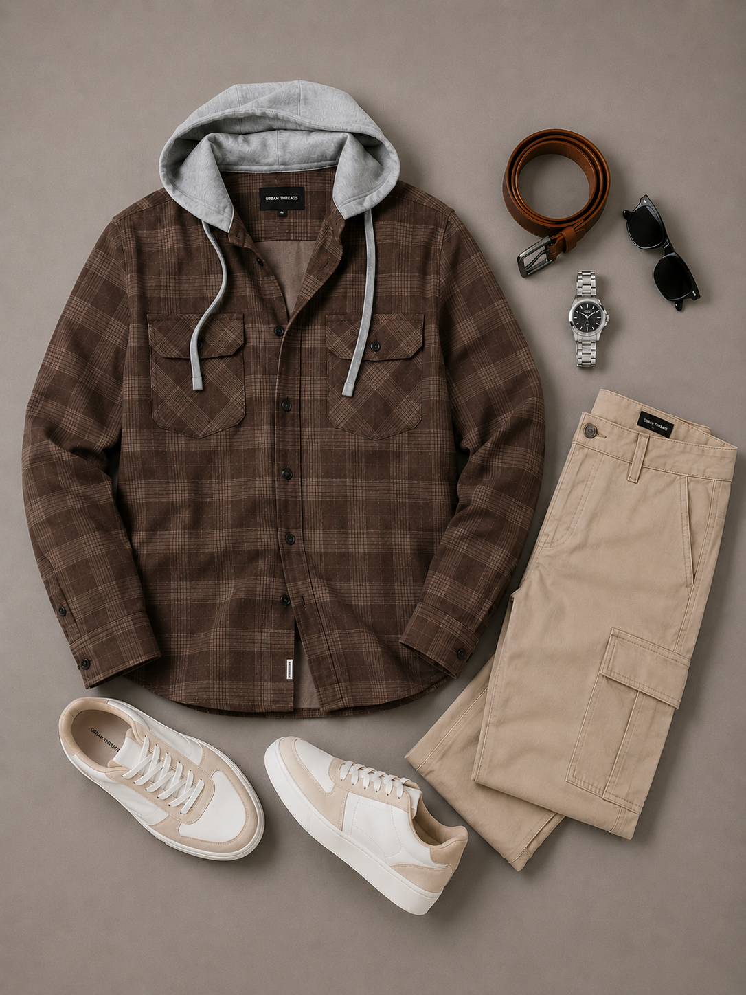 Men Brown Vintage Check Hooded Shirt